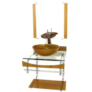 Imagem de Gabinete de vidro 40cm para banheiro curvado duplo inox cuba redonda c