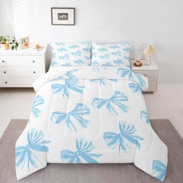 Imagem de Erosebridal Jogo de cama solteiro, conjunto de edredom com laço azul, gravata borboleta, para decoração de quarto de crianças, adolescentes, adultos, aquarela, laço azul, branco, enchimento de edredom