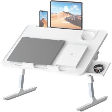 Imagem de Mesa de colo para cama, suporte dobrável para mesa de cama, bandeja de cama portátil ajustável para laptop, mesa com gaveta de armazenamento, suporte de copo para comer, trabalhar, escrever no sofá no