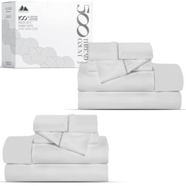 Imagem de Mayfair Linen Pacote com 2 conjuntos de lençóis de algodão solteiro - 500 fios, trama de cetim 100% algodão, macio, respirável, qualidade hoteleira, 2 conjuntos de lençóis de cama de solteiro com