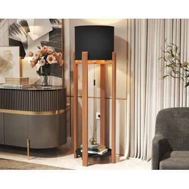 Imagem de Ecom Home - Luminária de Chão Áustria Off White com Mesinha Cúpula Acetato e Pés em Madeira Maciça Ideal para Sala de Estar Quarto Recepção Hotel Decoração Abajur de Chão (Preto)