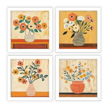 Imagem de Kit 4 quadros decorativos vasos, flores, pintura, vidro (Branco)