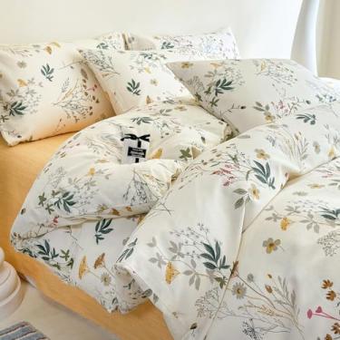 Imagem de HighBuy Conjunto de edredom de tamanho casal, amarelo, rosa, floral, macio, para todas as estações, acolchoado, quente, fofo, floral, conjunto de cama de 3 peças, leve, respirável