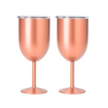 Imagem de Kit 2 Taça Térmica Aço Inox Parede Dupla 300ml Com Tampa Vinho Gin Drinks Mantem Temperatura (Rosé Gold)