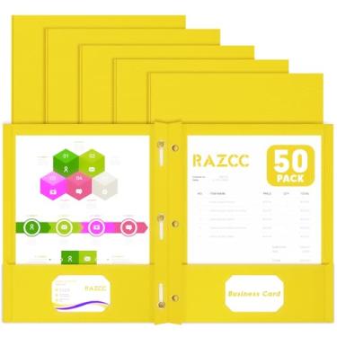Imagem de Duas pastas de bolso, RAZCC pacote com 50, duas pastas de bolso com pinos, pastas de 3 pinos para papel tamanho carta, pastas de arquivo de bolso para escola, escritório, casa, negócios, amarelo