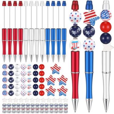 Imagem de Conjunto de 12 canetas de plástico com contas sortidas, miçangas de madeira, conjunto de miçangas espaçadoras de cristal, contas redondas de tinta preta, caneta esferográfica faça você mesmo, conjunto de canetas de miçangas para mulheres, crianças, presentes escolares e materiais de escritório (patr