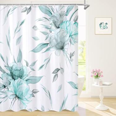 Imagem de Litabel Cortina de chuveiro floral em aquarela boho extralonga 182 x 213 cm, cortinas de chuveiro estilo pintura azul petróleo e cinza para banheiro rústico chique, cortina de chuveiro de tecido GG