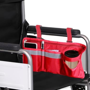 Imagem de Bolsa lateral para cadeira de rodas com suporte de copo, acessórios de apoio de braço para cadeira de rodas, bolsa de armazenamento para andador, andador, scooter elétrico, com vários bolsos e tiras