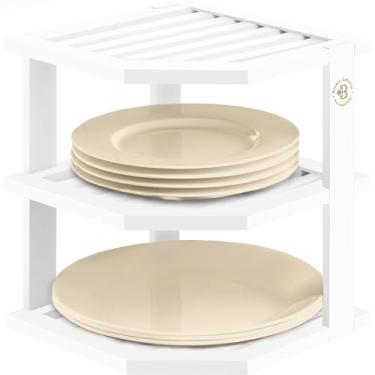 Imagem de Prateleira organizadora de armário – Rack de canto de bambu para balcão de cozinha, economia de espaço para pratos, pratos, tigelas, despensa de pão, armazenamento de banheiro ou suporte de bancada