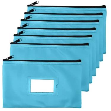 Imagem de Bolsa de depósito monetário com zíper | 28 x 15 cm | Azul claro | Bolsa carteira de couro sintético durável para dinheiro e dinheiro para homens e mulheres com janela emoldurada para identidade e