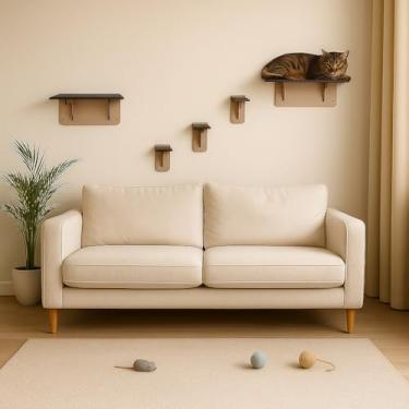 Imagem de BOXFAN Kit Playground para Gatos 5 Peças – Degraus Escada de Parede com Prateleiras Antiderrapante Ideal para Gatos Ativos, Enriquecimento Ambiental e Decoração Brinquedo Gato Mdf