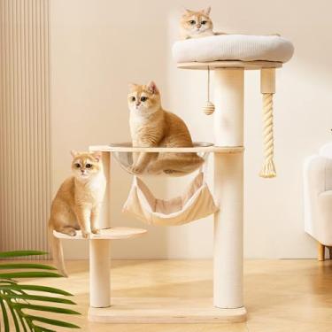 Imagem de Torre de árvore moderna para gatos com rede para ambientes internos, multifuncional, espaçosa, torre para gatos de 104 cm com cama, cápsula espacial, bola pendurada, corda interativa, poste arranhador