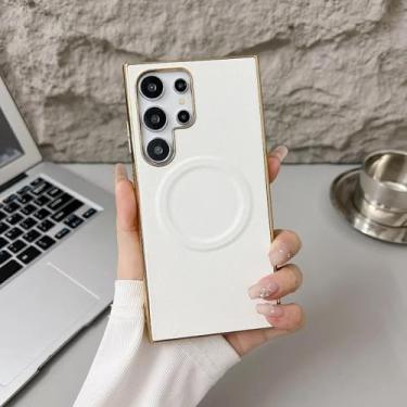 Imagem de YOGISU Capa magnética luxuosa com revestimento em couro fosco e carregamento sem fio para Samsung Galaxy S24 Ultra, à prova de choque (para Samsung Galaxy S24 Ultra/branco)