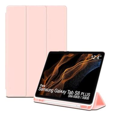 Imagem de Capa Tablet flip para Samsung Galaxy Tab S8+ PLUS SM-X800 SM-X806 Smart pen 12.4 polegadas resistente aveludada compatimento caneta Case capinha Anti Impacto Suporte Pencil - Alamo (rosa claro)