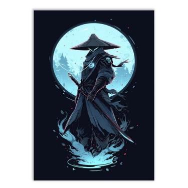 Imagem de Placa Decorativa Anime Samurai Mascarado Ilustração Azul Decoração Poster Quarto Sala