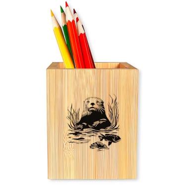 Imagem de BJDAMAI Porta-canetas de lontra marinha para mesa, porta-copos de madeira para organizador de canetas de escritório, acessórios decorativos de mesa para casa, presentes para mulheres e meninas!