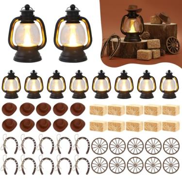 Imagem de PLUVAVA 50 Peças De Decoração Para Festa Com Tema De Faroeste, Decoração Para Festa De Cowboy Com Mini Fardos De Feno, Mini Chapéu De Cowboy, Mini Lanterna Preta, Ferradura, Roda De Carroça Para Dec
