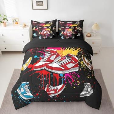 Imagem de Feelyou Conjunto de edredom de tênis de basquete com lençol esportivo, retrô, para decoração de quarto de crianças, meninos, meninas, 7 peças, conjunto de cama king size legal grafite macio para todas