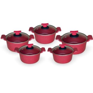 Imagem de Jogo De Panelas Antiaderente 5 Peças Vermelho Marmorizado Tampa De Vid