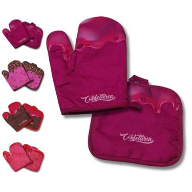 Imagem de Kit Luva Térmica e Descanso de Panela Estampado Caldas Cozinha Forno Fogão Pegador Resistente ao Calor 2 Peças (Calda de Amora)