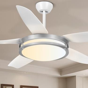 Imagem de Ohniyou Lustre de teto de 122 cm com luz - luminária de teto moderna com ventilador e controle remoto, ventilador de teto LED de 3 cores para cozinha de pátio ao ar livre, níquel escovado e branco
