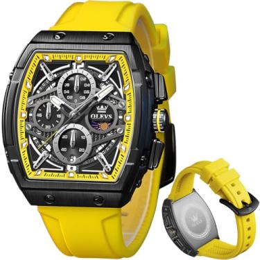 Imagem de OLEVS Relógio masculino para negócios, cronógrafo, quadrado, quartzo, analógico, masculino, pulseira de silicone, impermeável, presente de data, relógio masculino prata, relógio masculino amarelo
