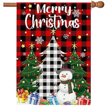 Imagem de Bandeira de Natal, bandeiras de Natal 71 x 101 cm dupla face, árvore de Natal feliz boneco de neve com estopa xadrez búfalo grande bandeira de casa de inverno bandeiras de férias decorações para jardim ao ar livre fora do gramado