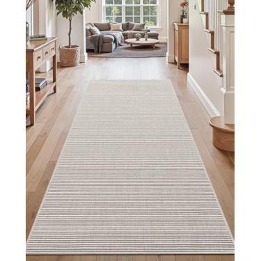 Imagem de DEXI Tapete de corredor de tecido para corredor, 8 x 20 cm Boho Tapete trançado lavável, tapetes finos de pelo baixo para entrada, cozinha, quarto, lavanderia, bege-cinza claro