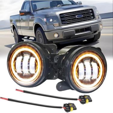 Imagem de HMCYCI Par de faróis de neblina LED de para-choque de 10 cm para Ford F150 (2009-2014), anel de halo branco 3000K âmbar/6000K, fio amarelo: luz âmbar, fio branco: DRL