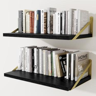 Imagem de Prateleiras de parede profundas 61 cm L x 30 cm P Prateleiras flutuantes de madeira projetada para parede, suporte de metal resistente (ouro) Estantes de livros para decoração de casa, sala de estar