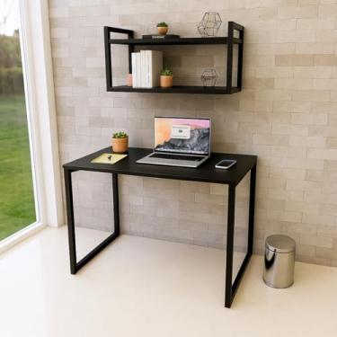 Imagem de Kit Mesa Escrivaninha Industrial com Prateleira MDF e Aço 100x50cm Escritório Home Office Cor Preto