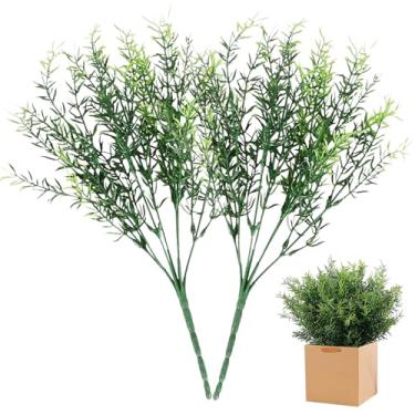 Imagem de 2 hastes de alecrim, planta de alecrim de 35,5 cm com 7 ramos, artificial e realista, vegetação artificial verde de plástico de baixa manutenção para casa