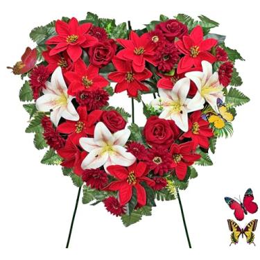 Imagem de Saxili Guirlandas de cemitério para o Natal – Coração em pé, guirlanda de túmulo com suporte de cavalete de 76 cm, poinsétia vermelha floral memorial e lírio