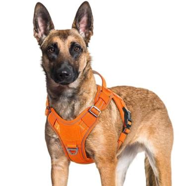 Imagem de rabbitgoo Peitoral para cães pequenos, médios e grandes, colete tático militar sem puxão, com tiras refletivas e alça de controle, ajustável e confortável para caminhar facilmente, laranja GG