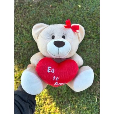 Imagem de Urso de Pelúcia com Coração, 20cm, Antialérgico, Presente Romântico, Bege