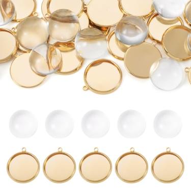Imagem de Boutigem 40 peças de bandejas redondas de 14 mm com pingente de bisel em branco planas, redondas e vazias, kit de fabricação de pingentes de latão, configurações de cabochão, moldura, metal, camafeu