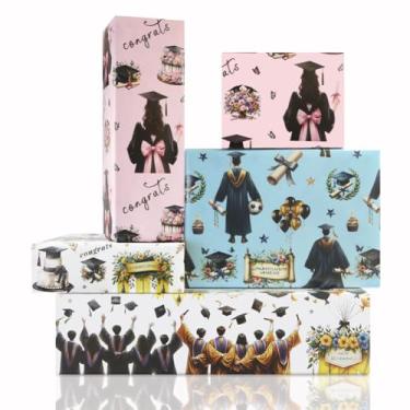 Imagem de Papel de embrulho de formatura, 6 folhas rosa azul Grad Parabéns papel de embrulho valetadeira boné de graduação meninos meninas para cerimônia de formatura de faculdade e ensino médio embalagem de