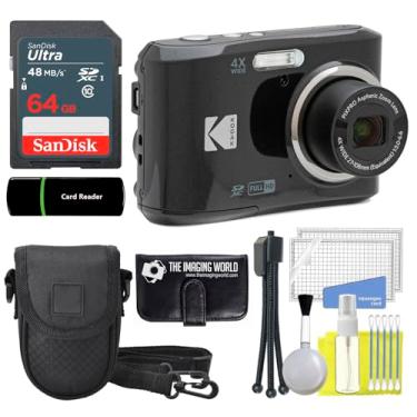 Imagem de The Imaging World Câmera digital KODAK PIXPRO FZ45 de 16 MP, zoom óptico de 27 mm, grande angular, 1080p, câmera LCD Full HD de 6.9 cm (preto) + cartão e leitor de 64 GB + capa + carteira de memória +