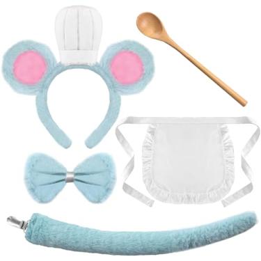 Imagem de Conjunto de acessórios femininos de Halloween para adultos, ratos e chef, inclui orelhas de rato, faixa de cabeça, gravata borboleta, avental de madeira, colher de chef, para festa de Halloween