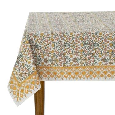 Imagem de Ridhi Goldenrod Toalha de mesa retangular de algodão com estampa amarela bloco de mão 299 x 178 cm capa de mesa reutilizável decorativa para uso diário para sala de jantar, fazenda, casa, festa, festa