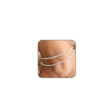 Imagem de Tornozeleiras prateadas femininas delicadas à prova d'água em camadas para meninas, conjunto de tornozeleiras empilháveis ajustáveis para presentes de verão e praia, One Size, Prata, Sem Pedra