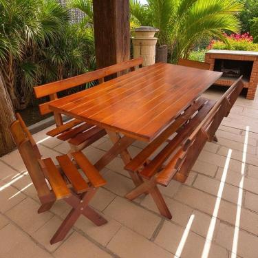 Imagem de Conjunto Mesa de Madeira Maciça Rústica para Churrasco e 4 Bancos Mel