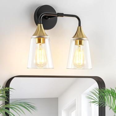 Imagem de Ymlii Luminária de banheiro de 2 luzes, luminária de banheiro preta e dourada sobre espelho com persianas de vidro transparente, arandela moderna com fio para corredor do quarto