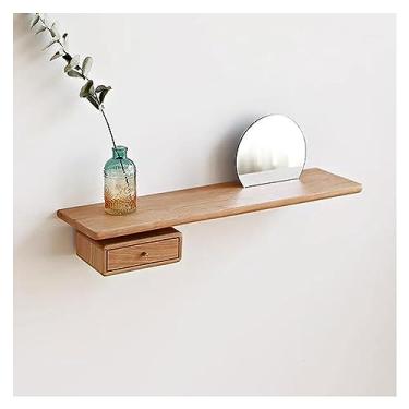 Imagem de Prateleiras flutuantes de madeira maciça montadas na parede, prateleira de parede com gaveta e espelho para decoração e armazenamento, borda de imagem para quarto/banheiro/sala de estar/cozinha (cor