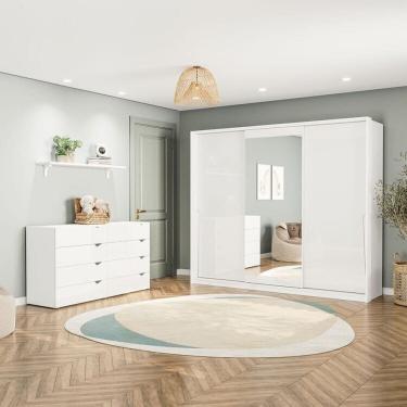 Imagem de Conjunto com Cômoda 8 Gavetas e Guarda-Roupa 3 Portas com Espelho Porto Branco