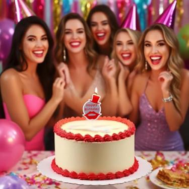 Imagem de Vela de bolo de lábios vermelhos quentes com cartola prateada, topo glam único com glitter para aniversários, noite de meninas e renovações de votos