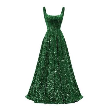 Imagem de Vestido de formatura Miao Duo Sequin Spaghetti Strap A Line Verde Esme