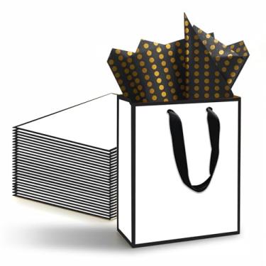 Imagem de Yampahpa Pacote com 24 sacos de presente com alça e papel de seda, sacos de lembrancinha para chá de panela, casamento, aniversário, formatura, chá de bebê, branco e preto