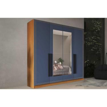 Imagem de Guarda Roupa Casal 4 Portas (2 C/ Espelho) E 4 Gavetas Valência Freijo/azul - Politorno