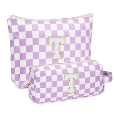 Imagem de Narwey Bolsa de maquiagem com inicial personalizada, 2 peças, xadrez, presentes de aniversário, presentes para meninas, coisas modernas, 6, 8, 10, 11, 12, 13, 14, 16, 18 anos, bolsa de higiene pessoal